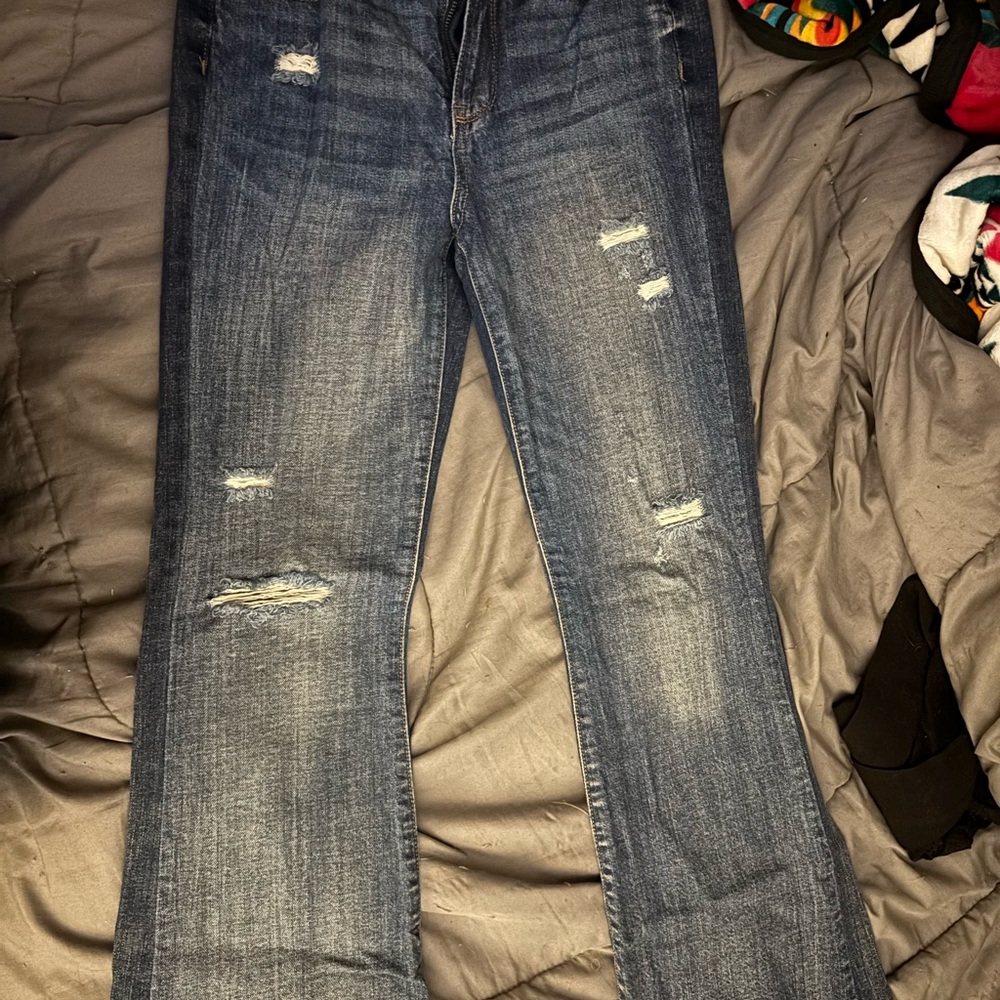 Almost Famous Dark Blue Distressed Straight Leg Jeans